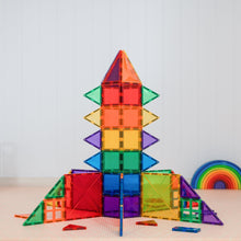 Load image into Gallery viewer, Colourful magnetic building blocks stacked into a tower on a light background