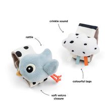 Load image into Gallery viewer, Two plush wrist rattles with crinkle sound, soft velcro closure, and colourful tags on a white background.