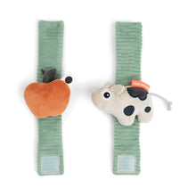 Load image into Gallery viewer, Two baby wrist rattles with a cow called Dotti and an apple design on a white background