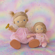 Load image into Gallery viewer, Two fairy dolls with pink outfits on a colorful, rainbow-patterned background