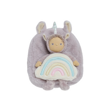 Load image into Gallery viewer, Plush backpack with a unicorn design and rainbow on a white background