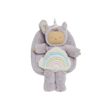 Load image into Gallery viewer, A plush toy unicorn in a lilac color, designed to carry a Dinkum Doll, with a signature rainbow print on the front.