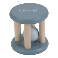 Load image into Gallery viewer, Blue and beige wooden toy with a ball inside, branded 'little dutch'.