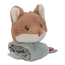 Load image into Gallery viewer, A plush wrist rattle featuring a fox design with a seagull motif on top. It includes crinkly parts and a label, designed for babies.