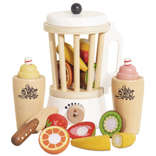 Load image into Gallery viewer, Wooden toy kitchen set with fruits and a juicer on a white background