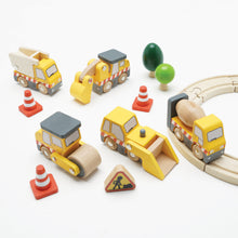 Load image into Gallery viewer, Set of wooden toy construction vehicles and traffic elements on a white background
