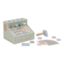Load image into Gallery viewer, Wooden toy cash register with accessories on a white background