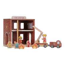 Load image into Gallery viewer, Wooden toy fire station with firefighters and a fire truck on a white background
