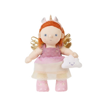 Load image into Gallery viewer, Good Little Egg Dinkum Doll Unicorn Nova with ginger hair, glittery dress, gold wings, and a magnetic cloud purse.