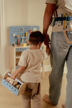 Load image into Gallery viewer, boy and dad playing with Little dutch Wooden toy toolbox with tools workbench and toolbelt
