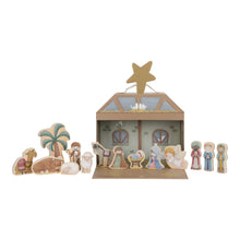 Load image into Gallery viewer, Wooden nativity scene set with stable and figures on a white background