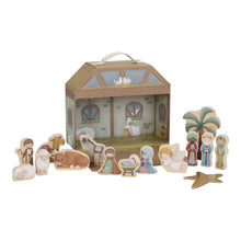 Load image into Gallery viewer, Little Dutch Wooden nativity set with stable and figures on a white