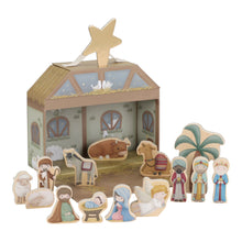 Load image into Gallery viewer, Little Dutch Wooden nativity set with stable and figures on a white background