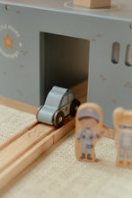 Load image into Gallery viewer, Wooden toy police car on tracks with two figures in front