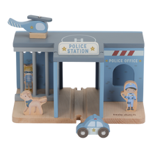 Load image into Gallery viewer, Wooden toy police station set with figures and vehicle background