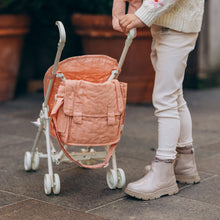 Load image into Gallery viewer, White baby stroller with pink canopy on a white background