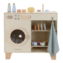 Load image into Gallery viewer, Wooden play washing machine kitchen set with washing machine and shelves, featuring Little Dutch branding.