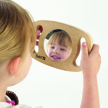 Load image into Gallery viewer, TickiT Hand held wooden mirror for baby babies toddler sensory looking at reflection educational toy