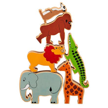 Load image into Gallery viewer, 6 chunky world animals, help stimulate your child's imagination. a meerkat, gorilla, crocodile, lion, elephant and giraffe. Each animal is chunky 2.5cm thick. colourful world animals natural wood edge. fun activities like sorting, stacking and imaginative play. play age is 1-5 years old. fair trade wooden world animals handcrafted sustainably sourced rubberwood, non toxic paints., Lanka Kade, Good Little Egg, Educational toys, toddler toys, animals, wooden toys, baby animals, toddlers.