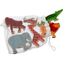 Load image into Gallery viewer, 6 chunky world animals, help stimulate your child's imagination. a meerkat, gorilla, crocodile, lion, elephant and giraffe. Each animal is chunky 2.5cm thick. colourful world animals natural wood edge. fun activities like sorting, stacking and imaginative play. play age is 1-5 years old. fair trade wooden world animals handcrafted sustainably sourced rubberwood, non toxic paints., Lanka Kade, Good Little Egg, Educational toys, toddler toys, animals, wooden toys, baby animals, toddlers.