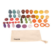 Load image into Gallery viewer, wooden tresure taster set, match, colours, wooden, trees, stones, tickit, egg, oval, disk, boulder, acorn, hoop, pickle, token, planet, cone, droplet, pickle, toggle, planet