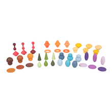 Load image into Gallery viewer, wooden tresure taster set, match, colours, wooden, trees, stones, tickit, egg, oval, disk, boulder, acorn, hoop, pickle, token, planet, cone, droplet, pickle, toggle, planet