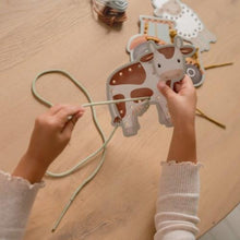 Load image into Gallery viewer, A set of lacing cards featuring farm animals and a tractor with a barn, including cards and string for lacing.
