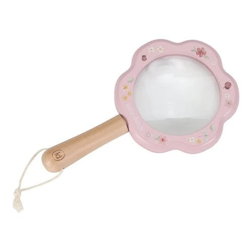 Flower-shaped magnifying glass with a wooden handle and floral illustrations, including a small lens for magnification and a hanging cord.