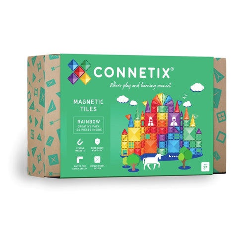 Connetix magnetic tiles packaging with colourful castle illustration on a white background