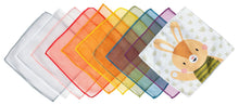 Load image into Gallery viewer, Set of colorful square placemats with a cartoon bear design on one mat.
