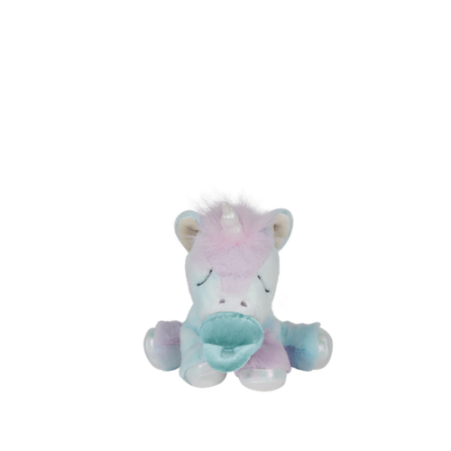 Pastel-colored unicorn plush toy on a white background