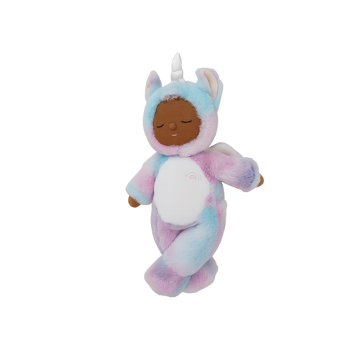 Plush toy in a unicorn costume on a white background