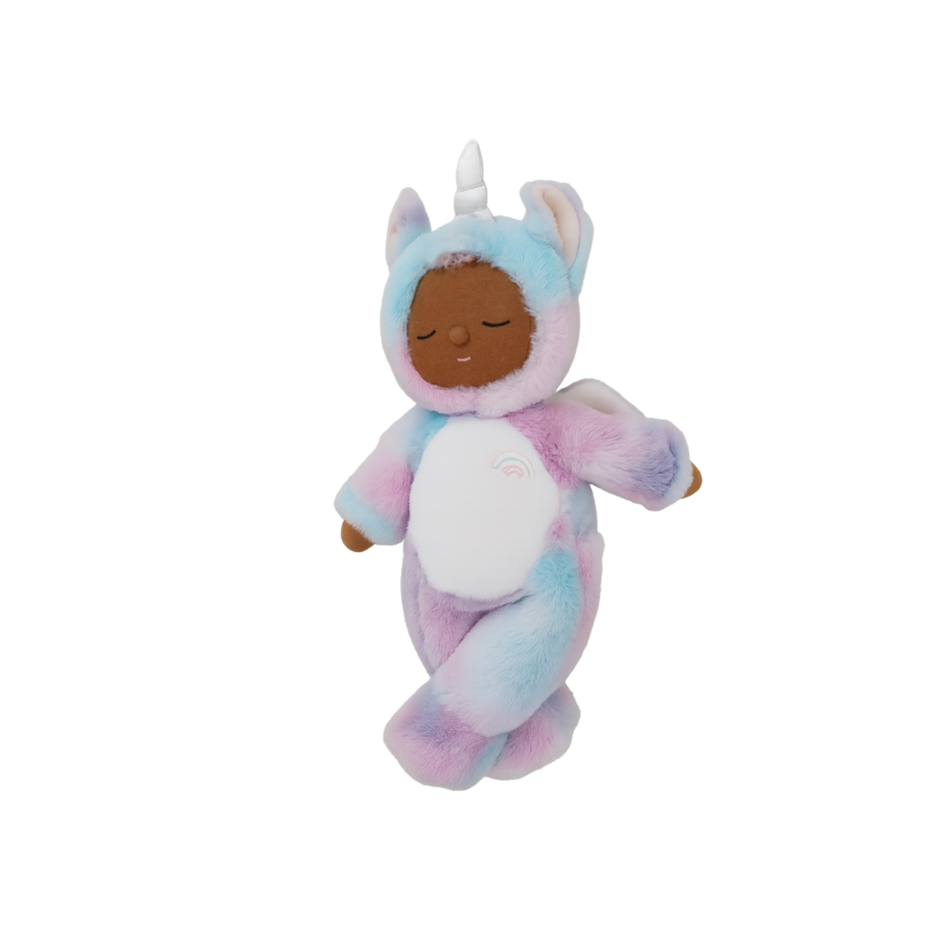 Plush toy in a unicorn costume on a white background