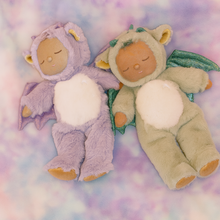 Load image into Gallery viewer, Two plush toys, one in a purple outfit and the other in a green outfit, on a pastel background.
