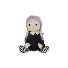 Load image into Gallery viewer, Plush toy with purple hair and black outfit on a white background
