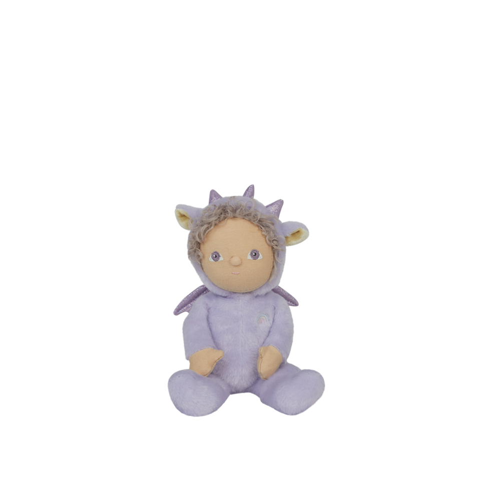 Plush toy dragon with a soft purple color on a white background