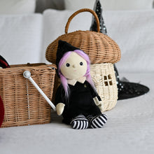 Load image into Gallery viewer, Toy doll with witch outfit and hat next to a wicker basket on a light surface.
