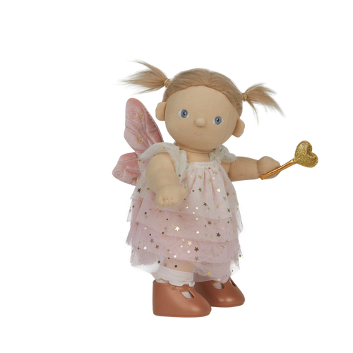 Fairy doll with a pink dress, wings, and a golden wand on a white background