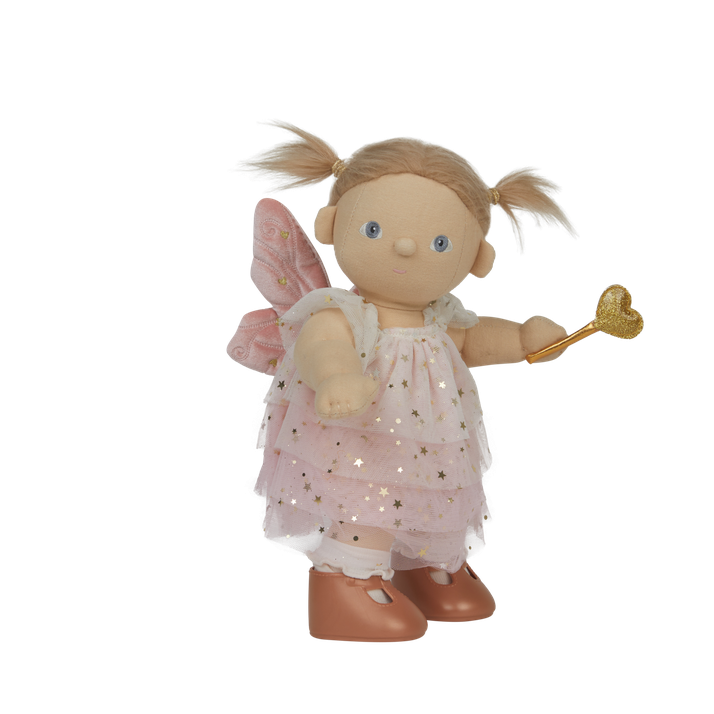 Fairy doll with a pink dress, wings, and a golden wand on a white background