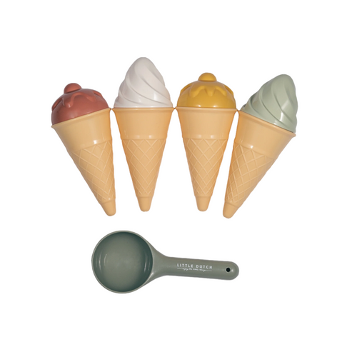 Four ice cream cone-shaped containers with different colored lids and a green scoop on a white background.
