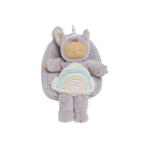 A plush toy unicorn in a lilac color, designed to carry a Dinkum Doll, with a signature rainbow print on the front.