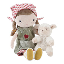 Load image into Gallery viewer, Plush cuddle doll named Rosa wearing a red and white checkered dress and a green apron, holding a white sheep. The doll has brown hair, wears yellow boots, and has a red and white checkered headscarf.
