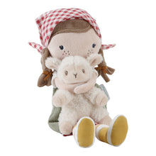 Load image into Gallery viewer, Plush cuddle doll named Rosa wearing a red and white checkered dress and a green apron, holding a white sheep. The doll has brown hair, wears yellow boots, and has a red and white checkered headscarf.
