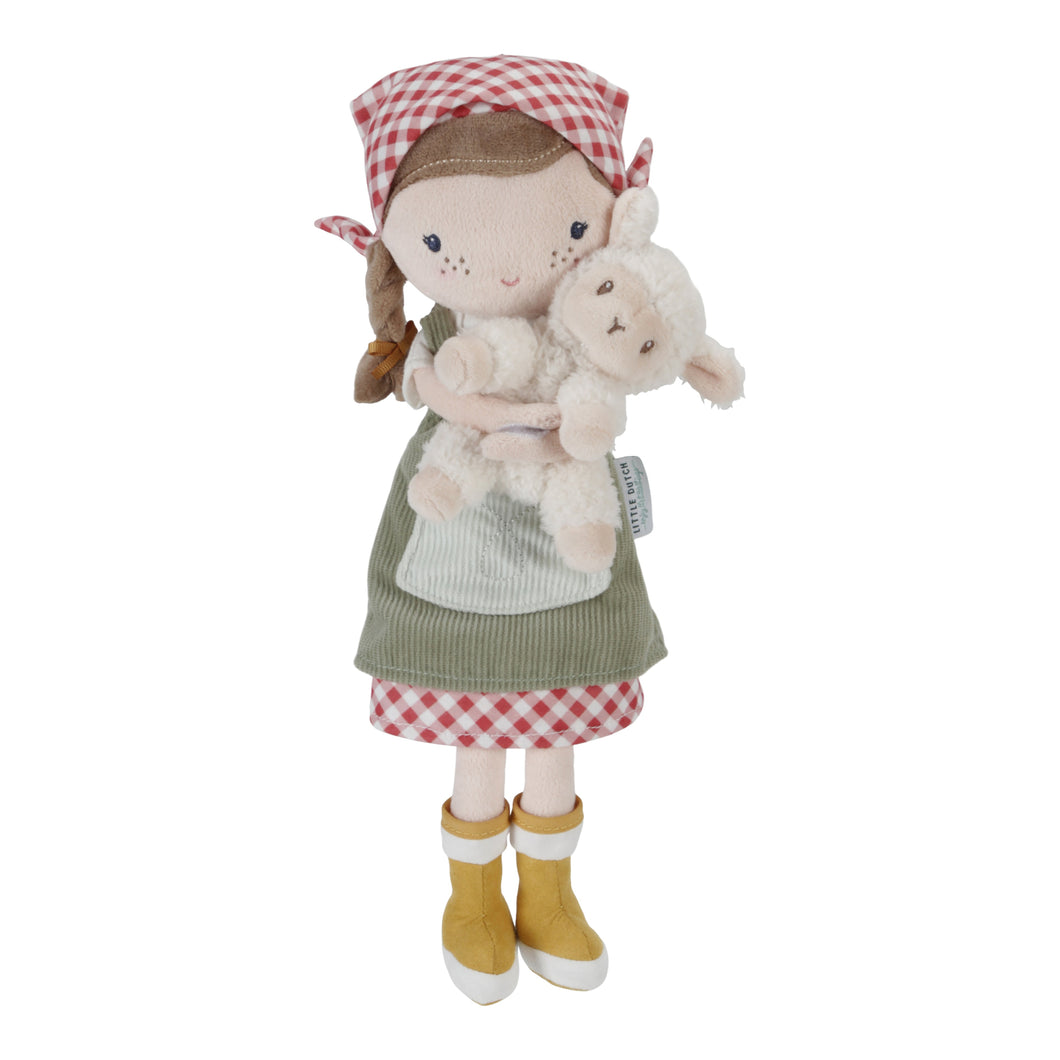 Plush cuddle doll named Rosa wearing a red and white checkered dress and a green apron, holding a white sheep. The doll has brown hair, wears yellow boots, and has a red and white checkered headscarf.