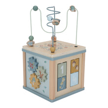 Load image into Gallery viewer, The image shows a forest friends themed activity cube with various interactive elements such as a bead maze, shape sorter, and spinning gears, designed for toddlers.
