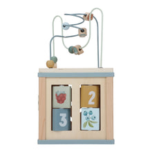 Load image into Gallery viewer, The image shows a forest friends themed activity cube with various interactive elements such as a bead maze, shape sorter, and spinning gears, designed for toddlers.
