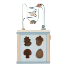 Load image into Gallery viewer, The image shows a forest friends themed activity cube with various interactive elements such as a bead maze, shape sorter, and spinning gears, designed for toddlers.
