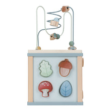 Load image into Gallery viewer, The image shows a forest friends themed activity cube with various interactive elements such as a bead maze, shape sorter, and spinning gears, designed for toddlers.
