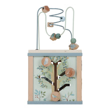 Load image into Gallery viewer, The image shows a forest friends themed activity cube with various interactive elements such as a bead maze, shape sorter, and spinning gears, designed for toddlers.
