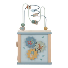 Load image into Gallery viewer, The image shows a forest friends themed activity cube with various interactive elements such as a bead maze, shape sorter, and spinning gears, designed for toddlers.
